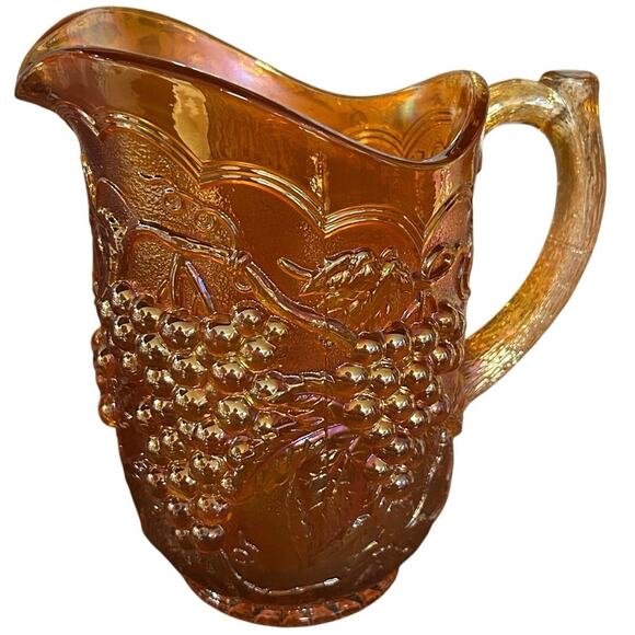 Imperial Iridescent Carnival Glass Marigold Pitcher Grape Vine Vintage Orange - Picture 6 of 9
